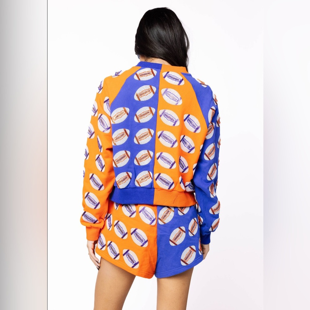 New!QUEEN OF SPARKLES Blue & Orange Sequin Football Sweatshirt & Shorts Set - Picture 10 of 10